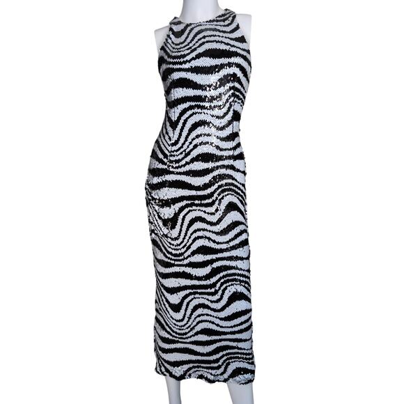 Zebra Print Sequin Midi Dress Medium Y2K Club Glam Bodycon Baddie Edgy Grunge - Picture 1 of 6